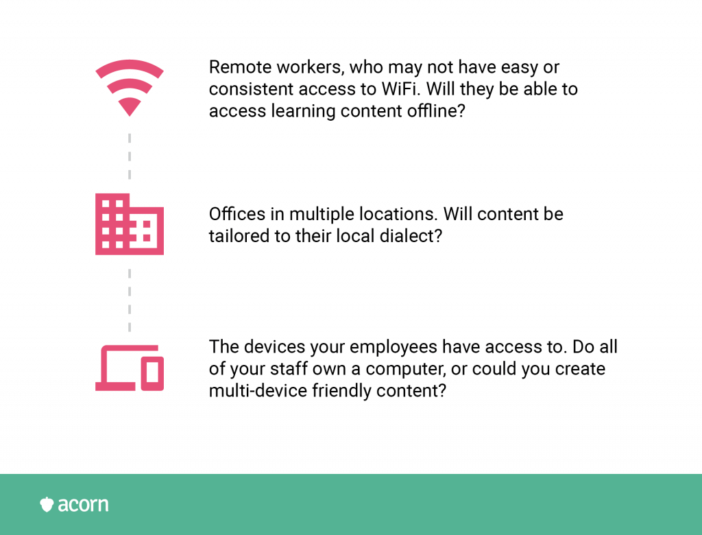 List denoting how change agents should consider the accessibility needs of remote works, distributed workforces, and individual employees.