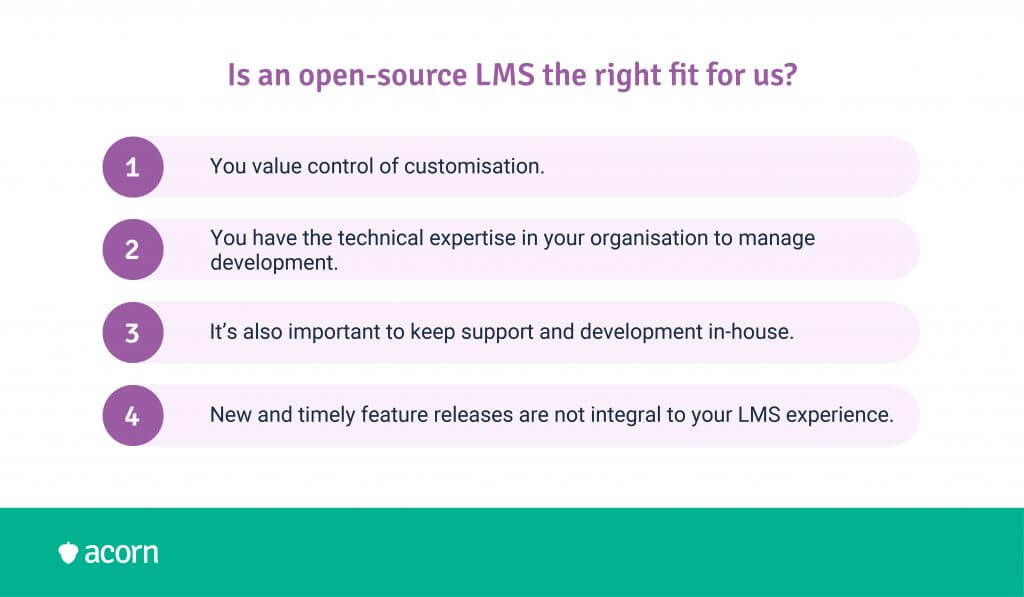 List outlining four criteria for ensuring an open source LMS is right for your organisation. 
